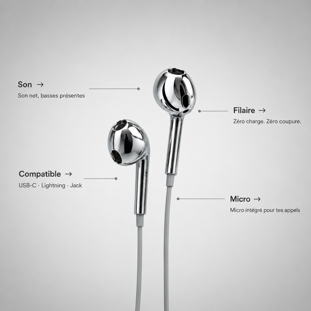Écouteurs filaires chrome | Mercure